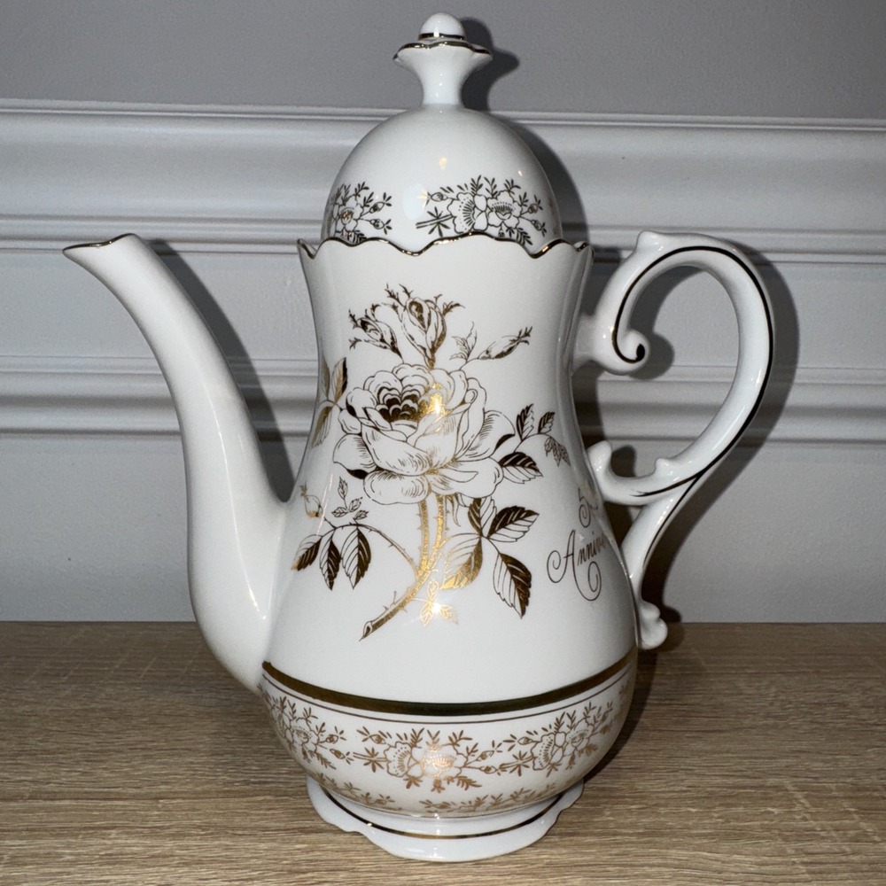 VTG 25Th Anniversary Tea Coffee Pot‎ AB-190 Norcrest Chatillon White Gold Japan